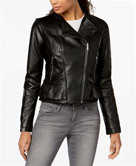 michael kors ruffled moto jacket color black size l|Leather Moto Jacket .